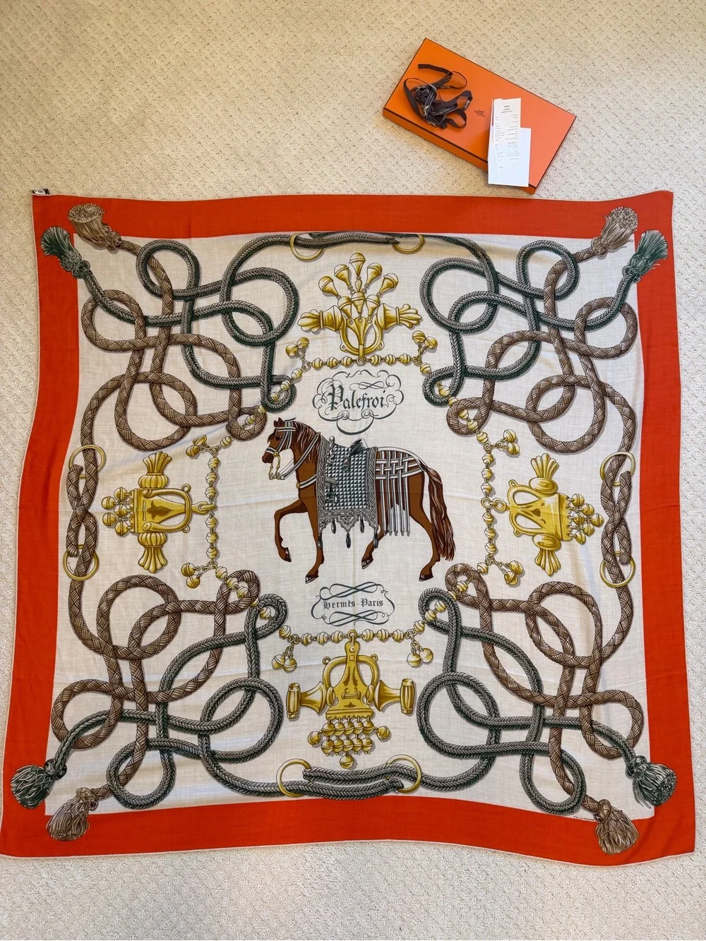 Hermes Red, Cream, Brown Equestrian Silk Scarf